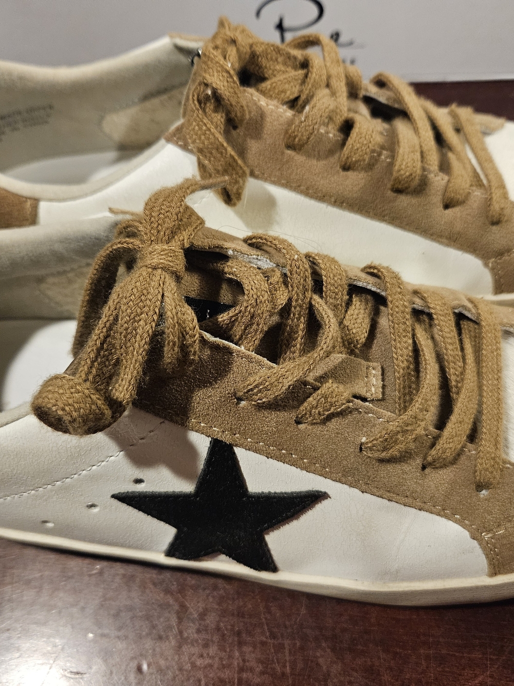 Mi,im White Sneaker with Black Star and Tan Suede Accents